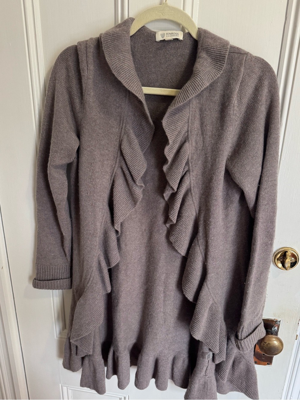 Kinross Cashmere 100% Cashmere Ruffle Open Front Cardigan Sweater Taupe Small
